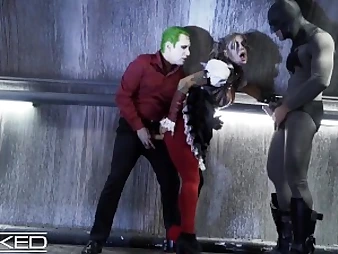 Harley Quinn gets brutally double-teamed by Joker & Batman in Unholy costume play scene