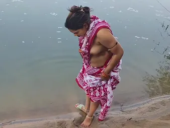 Desi Aunty enjoys a dewy open-air shower with reference to her busty Indian husband